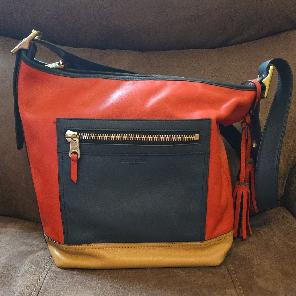 Coach Red Black and Tan Leather Shoulder Bag with Gold Hardware